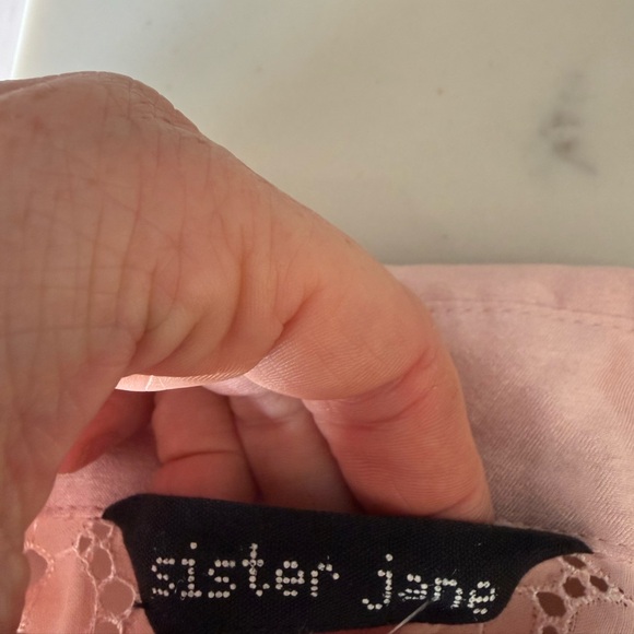 Sister Jane Elegant Pink Eyelet Dress Semi Sheer Knee Length Slit On Side Size M - Picture 3 of 7